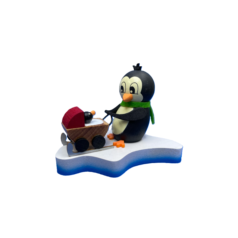 Holzkunst Held Pinguin auf Eisscholle mit Kinderwagen Nachwuchs girl P1324