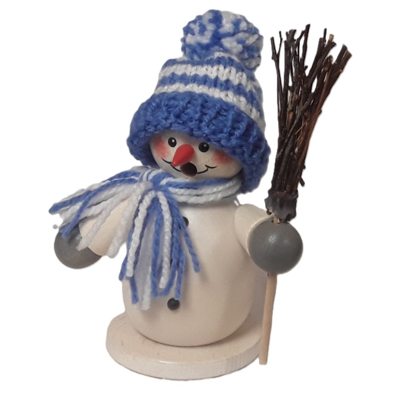 Räuchermann Schneemann mit blauer Mütze und Besen Egermann 963 blau