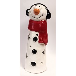 Keramik Schneemann Cooli mit Ohrenschützern beleuchtet