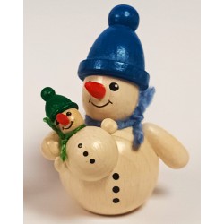 Schneemann mit Kind auf dem Arm blaue Mütze Holzwaren Egermann 319 blaue Mütze