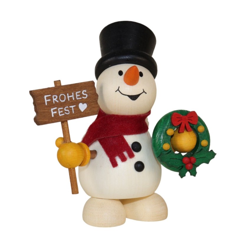 Schneemann mit Weihnachtskranz und Schild "Frohes Fest"